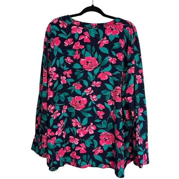 Talbots Woman Navy and Pink Floral Print Split Neck Blouse Size 3X - Picture 2 of 6